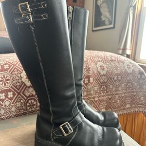 John Fluevog Black Leather Moto Boots with Buckles